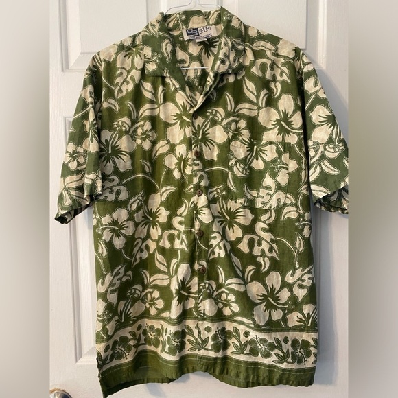 CS Sport Other - VTG 90s Men’s Button Down Shirt Green Hibiscus Floral Hawaiian Cotton XL
